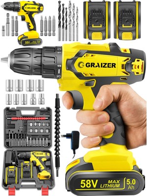 Graizer 58 V 5 Ah Darbeli Metal Şanzuman Bakır Sargılı Çift Akülü Şarjlı Vidalama Matkap 24 Parça Set