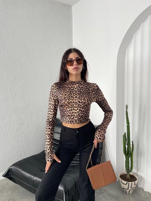 Charamela Siyah Bej Leopar Desenli  Crop Jarse Body BLUZ-BGB31