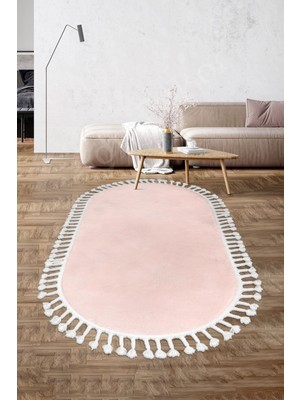 Diji Dekor Peluş Halı Pembe Saçaklı Oval Post Kesme Yolluk Kilim