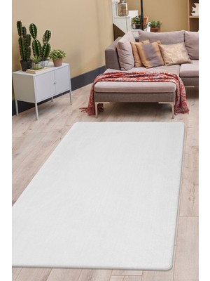 Dijidekor Peluş Halı Beyaz Düz Desenli Yıkanabilir Post Yolluk Kilim