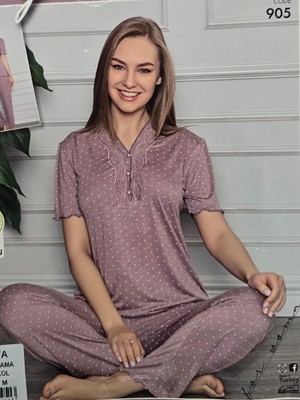 Ayşenur Yapakçı Kısa Kollu Bayan Pijama Takımı Viskon Dökümlü