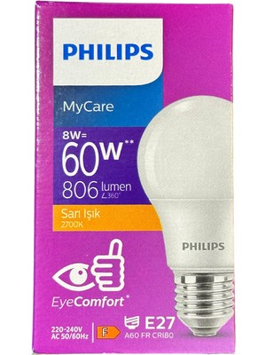 Philips 8W (60W) 2700K (Sarı Işık) E27 Duylu Klasik LED Ampul