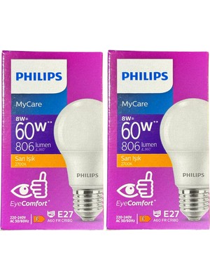 Philips 8W (60W) 2700K (Sarı Işık) E27 Duylu Klasik LED Ampul (2 Adet)