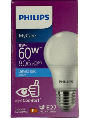 Philips 8W (60W) 6500K (Beyaz Işık) E27 Duylu Klasik LED Ampul