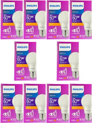 Philips 8W (60W) 2700K (Sarı Işık) E27 Duylu Klasik LED Ampul (10 Adet)