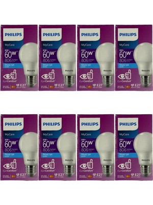 Philips 8W (60W) 6500K (Beyaz Işık) E27 Duylu Klasik LED Ampul (8 Adet)