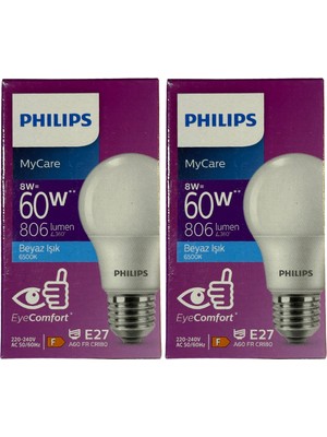 Philips 8W (60W) 6500K (Beyaz Işık) E27 Duylu Klasik LED Ampul (2 Adet)