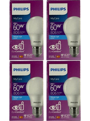 Philips 8W (60W) 6500K (Beyaz Işık) E27 Duylu Klasik LED Ampul (4 Adet)