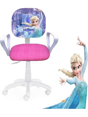 Depolife Çocuk Odası Ders Çalışma Ofis Koltuğu Öğrenci Sandalyesi Frozen Desenli Pembe Beyaz Tekerlekli