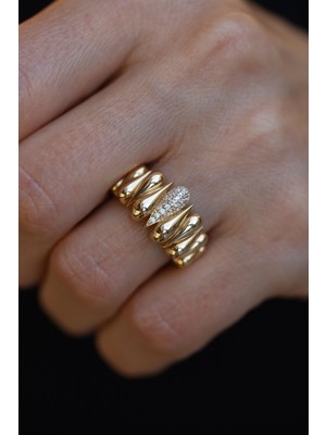 Yenigün Kuyumculuk 14 Ayar Altın Taş Detaylı Damla Sıralı Yüzük