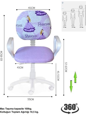 Depolife Çocuk Odası Ders Çalışma Ofis Koltuğu Öğrenci Sandalyesi Araba Prenses Tekerli Yükseklik Ayarı