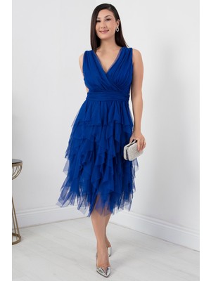 Kalopya Kruvaze Yaka Fırfırlı Kısa Elbise 13399