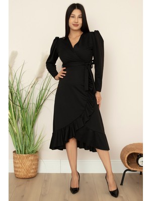 Kruvaze Etek Fırfırlı Kemerli Elbise 22-228