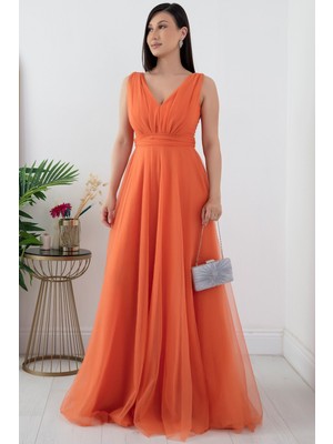 V Yaka Sıfır Kol Işıltılı  Tül Elbise 13412