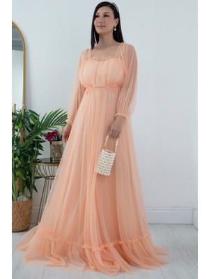 Dantel Detay Uzun Tül Abiye Elbise 13326