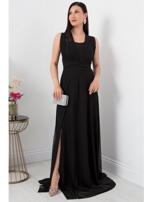Straplez Boyundan Bağlamalı  Tül Elbise 13426