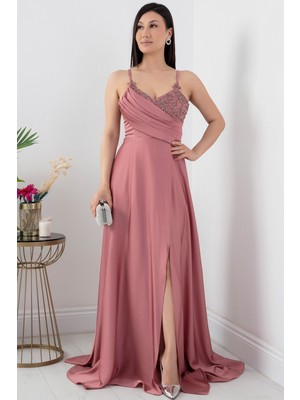 Saten Krep Askılı Elbise 13415