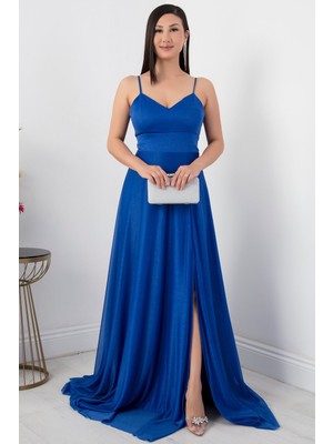 Askılı Simli Uzun Elbise 13417