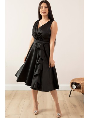 Kruvaze Fırfırlı Saten Abiye Elbise 1150