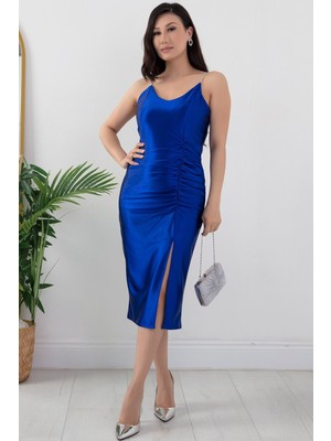 Kalopya V Yaka Taş Askılı Önü Büzgülü Midi Abiye Elbise 13452