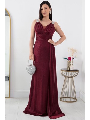 Omuz Taş Detay Simli Abiye Elbise 39844