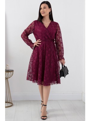 Kruvaze Yaka Kuşaklı Midiboy Dantel Abiye Elbise 13453