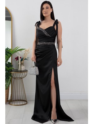Önü ve Beli Taşlı Saten Abiye Elbise DMN4641