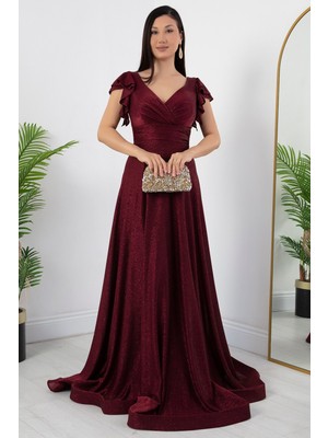 Kol Volanlı Simli Abiye Elbise 39925