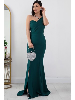 Yırtmaçlı Inci Detaylı Uzun Balık Abiye Elbise 13218