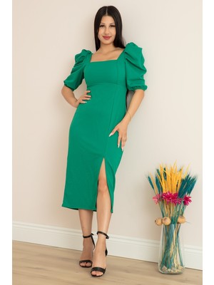 Kare Yaka Prenses Kol Midi Krep Elbise 9003