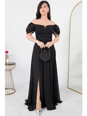 Straplez Yırtmaçlı Şifon Elbise DNS1591