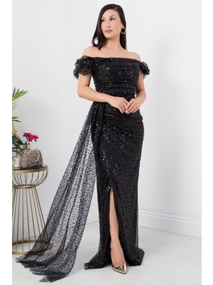 Kalp Yaka Pul Payet Tül Elbise ECR5350