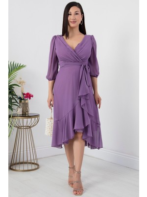 13372 Kruvaze Yaka Fakir Kol Eteği Valonlu Elbise