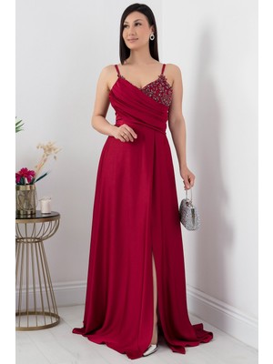 Saten Krep Askılı Elbise 13415