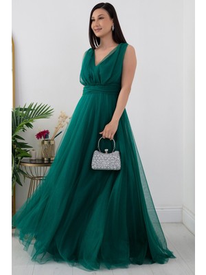 V Yaka Sıfır Kol Işıltılı  Tül Elbise 13412