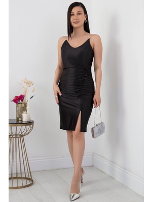 V Yaka Taş Askılı Önü Büzgülü Kısa Abiye Elbise 13451