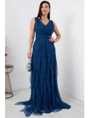 Kruvaze Fırfırlı Uzun Abiye Elbise 13360