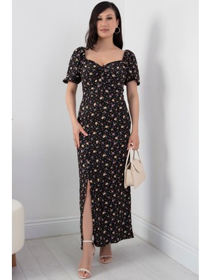 Kare Yaka Önü Büzgülü Bürümcük Elbise 821-2997