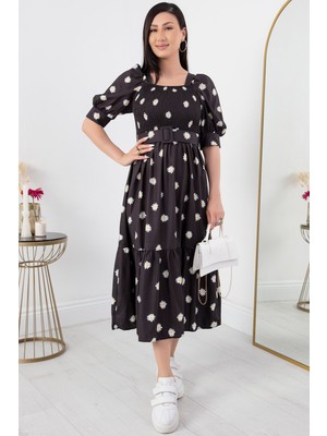 Papatya Baskılı Gipeli Kare Yaka Elbise 2023-2269