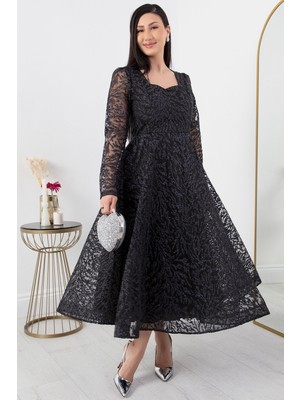 Kalopya Kare Yaka Uzun Kol Simli Tül Abiye Elbise 1299 Siyah Renkli Özel Olay İçin Şık Tasarım