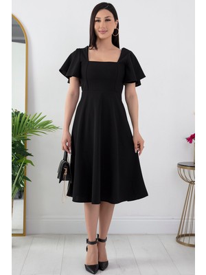 Volanlı Kol Kare Yaka Elbise 932-2959