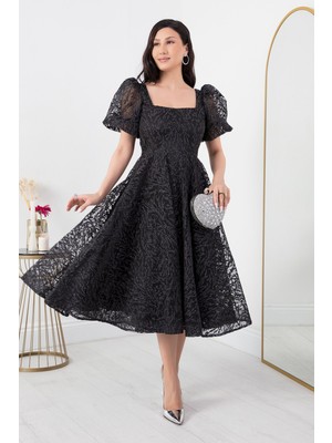 Kare Yaka Simli Tül Elbise 1491