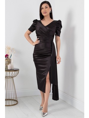 Kruvaze Yaka Prenses Kol Saten Abiye Elbise 39673