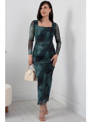 Kare Yaka Uzun Kol Tül Elbise AP-108