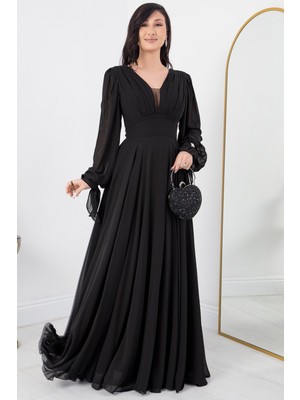 V Yaka Taş Detay Uzun Kol Şifon Elbise DNS1519