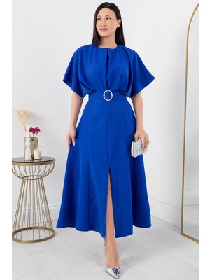 Bisiklet Yaka Yarasa Kol Büzgülü Atlas Elbise JNL2056