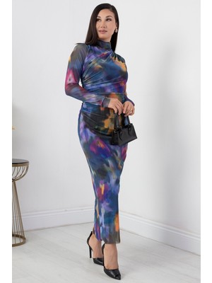 Beli Büzgülü Uzun Kol Tül Elbise GRS3328