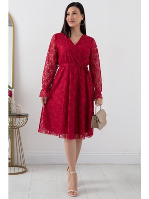 Kruvaze Yaka Kuşaklı Midiboy Dantel Abiye Elbise 13453