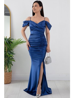 Büzgülü Askılı Saten Elbise 39649