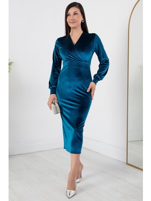 Kruvaze Yaka Uzun Kol Kadife Elbise AP-0205
